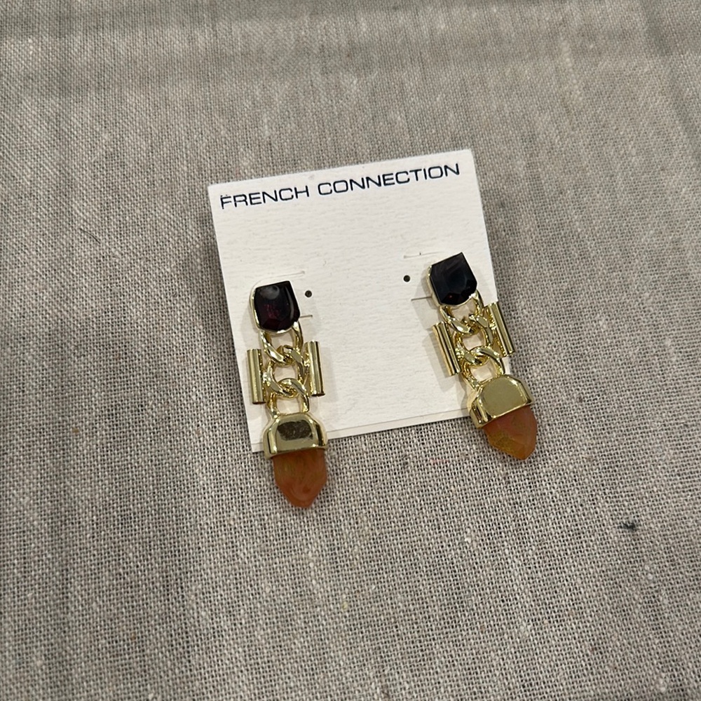 French Connection Gold and Brown Modern Drop Earrings